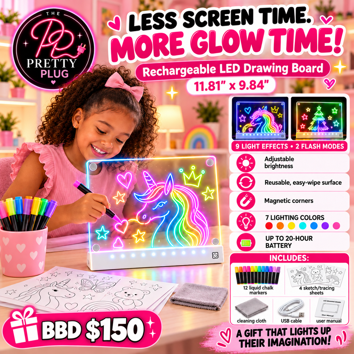 Kids Rechargeable LED Drawing Board with 12 Markers