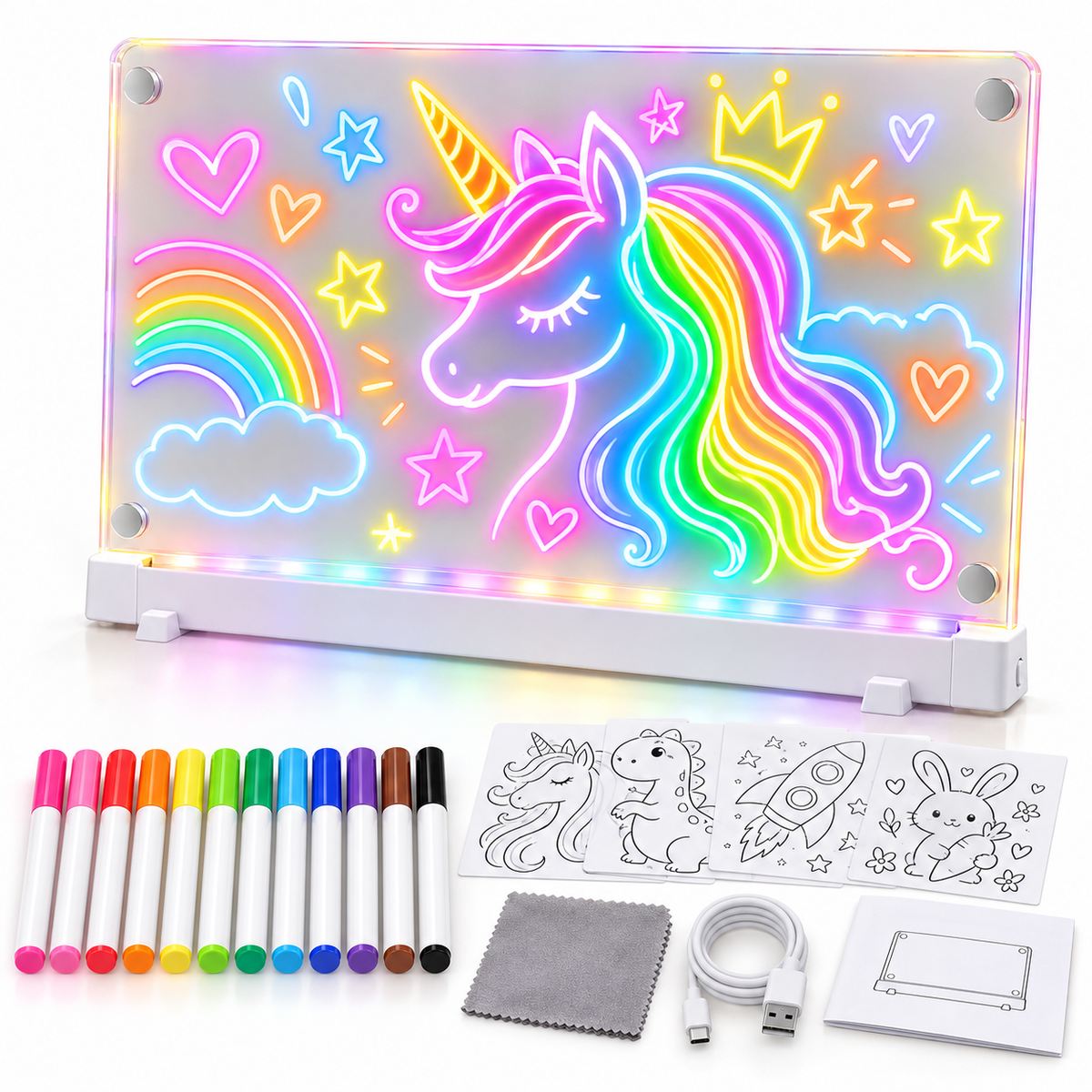 Kids Rechargeable LED Drawing Board with 12 Markers